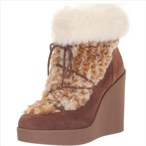 Jessica Simpson Myina Wedge Fur Bootie Ankle Boot in Tobacco - Picture 3 of 7